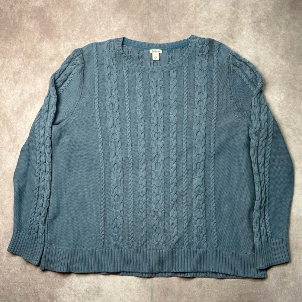 LL Bean Womens 2X Plus Blue Cotton Cable Knit Crew Neck Sweater